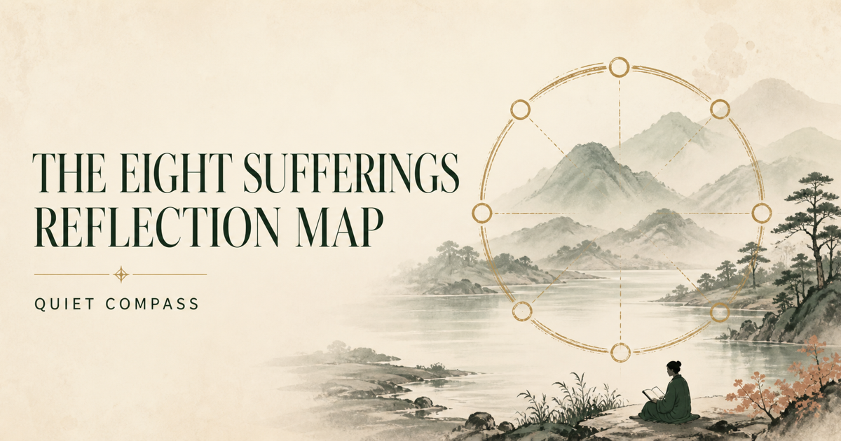 Eight-part reflection map over a quiet ink-wash mountain lake